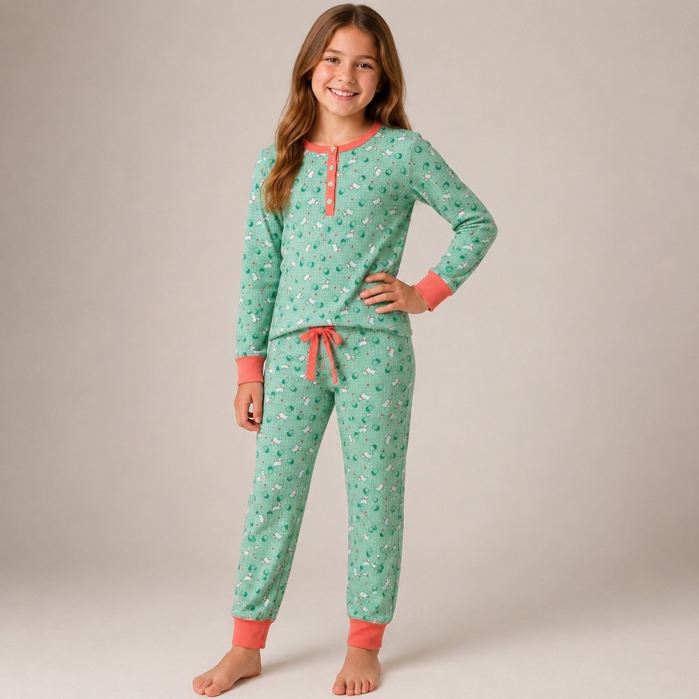 American Girl Beforever Girls Thermal Pajama Set Westie Dogs Waffle Knit M 10/12